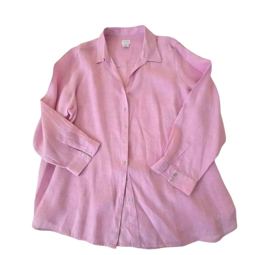 Sigrid Olsen Womens Collared Linen Long Sleeve Tunic Button Up Shirt Pink Sz 2X